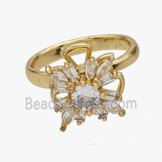 Copper Flower Rings Pave Zirconia Rotatable Adjustable Gold Plated