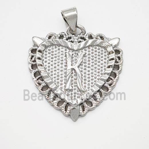 Copper Heart Pendant Letter-K Platinum Plated