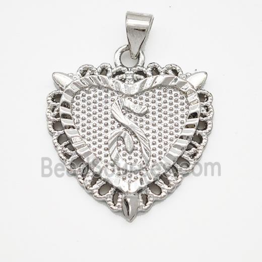 Copper Heart Pendant Letter-S Platinum Plated