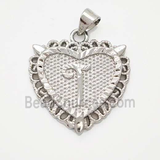 Copper Heart Pendant Letter-T Platinum Plated
