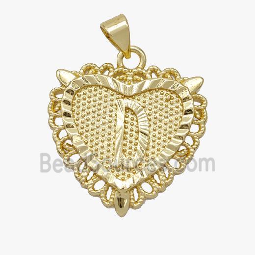 Copper Heart Pendant Letter-D Gold Plated