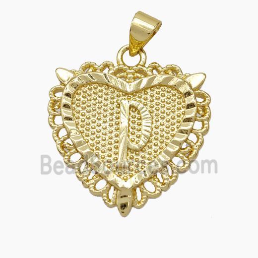 Copper Heart Pendant Letter-P Gold Plated