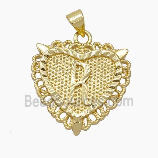 Copper Heart Pendant Letter-R Gold Plated
