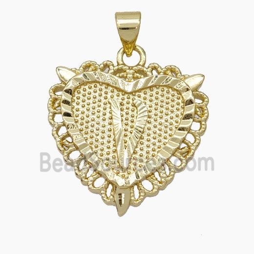 Copper Heart Pendant Letter-V Gold Plated