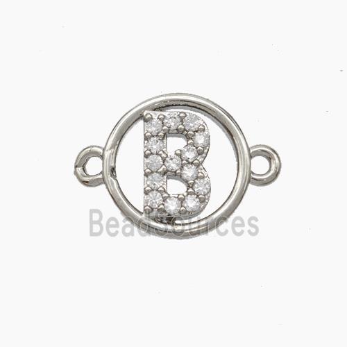 Copper Letter-B Connector Pave Zirconia Circle Platinum Plated