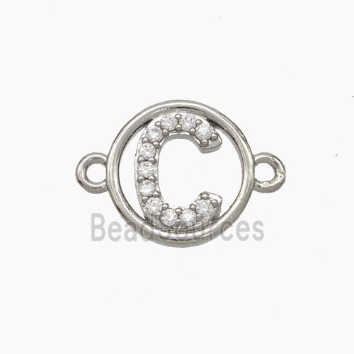 Copper Letter-C Connector Pave Zirconia Circle Platinum Plated