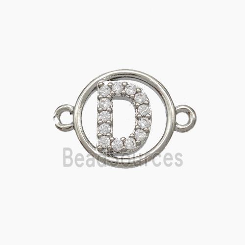 Copper Letter-D Connector Pave Zirconia Circle Platinum Plated