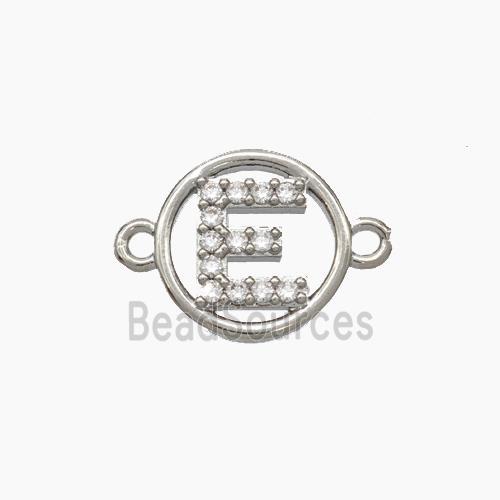 Copper Letter-E Connector Pave Zirconia Circle Platinum Plated
