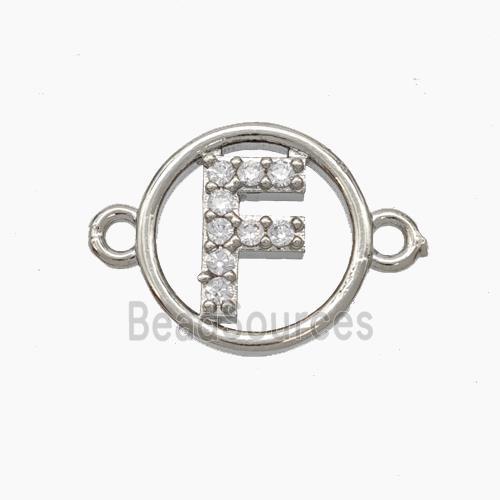 Copper Letter-F Connector Pave Zirconia Circle Platinum Plated