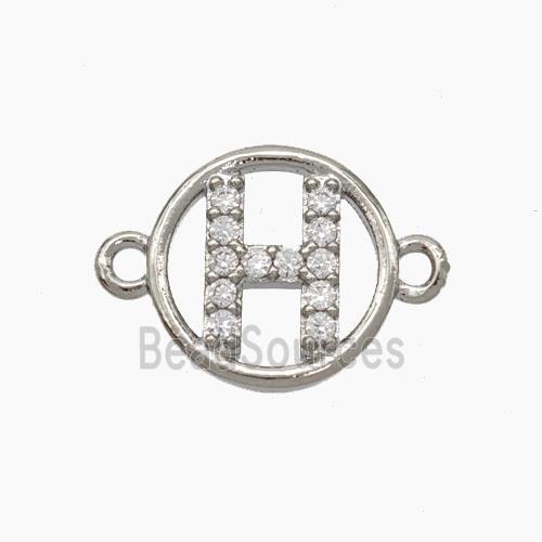 Copper Letter-H Connector Pave Zirconia Circle Platinum Plated