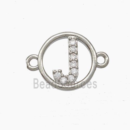 Copper Letter-J Connector Pave Zirconia Circle Platinum Plated