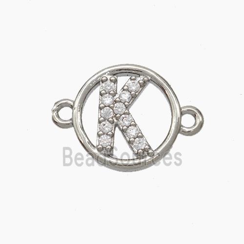 Copper Letter-K Connector Pave Zirconia Circle Platinum Plated