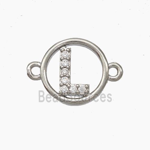 Copper Letter-L Connector Pave Zirconia Circle Platinum Plated