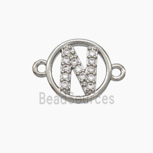 Copper Letter-N Connector Pave Zirconia Circle Platinum Plated