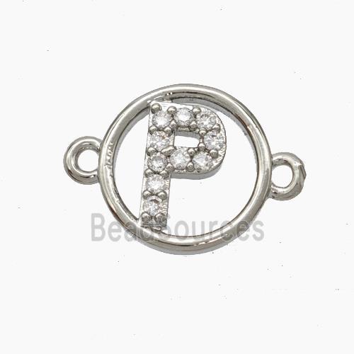 Copper Letter-P Connector Pave Zirconia Circle Platinum Plated