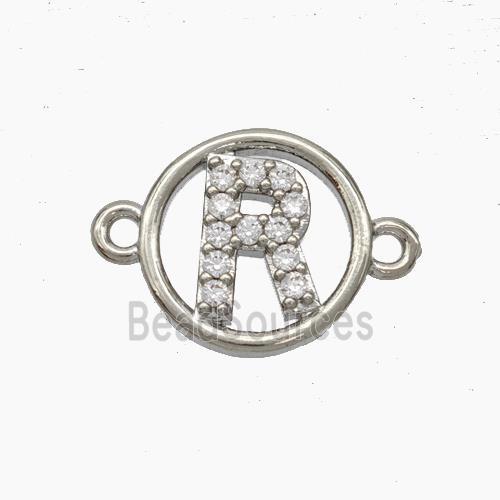 Copper Letter-R Connector Pave Zirconia Circle Platinum Plated