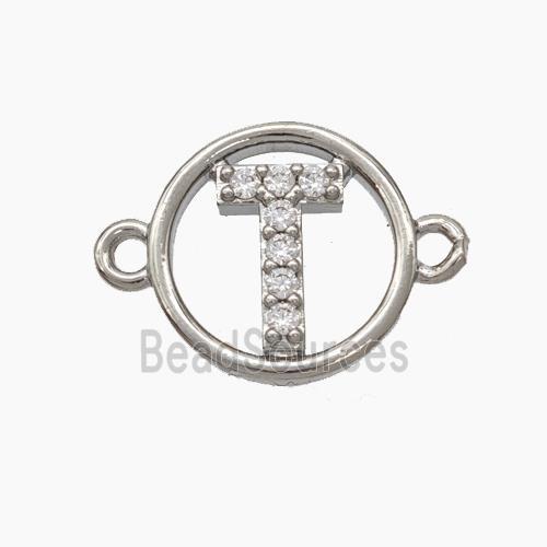 Copper Letter-T Connector Pave Zirconia Circle Platinum Plated