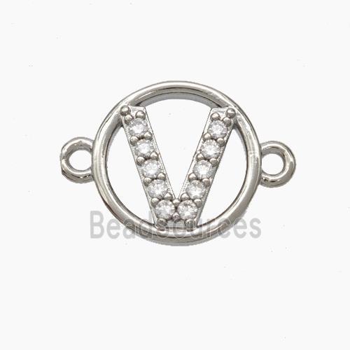 Copper Letter-V Connector Pave Zirconia Circle Platinum Plated