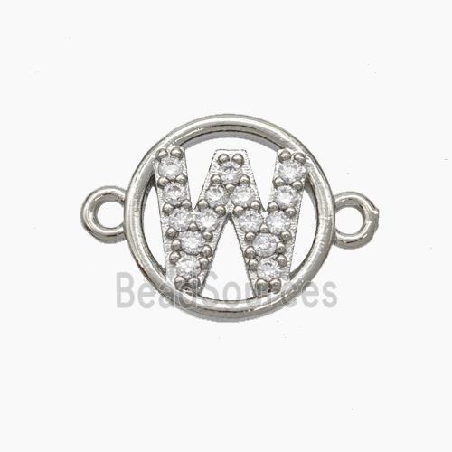 Copper Letter-W Connector Pave Zirconia Circle Platinum Plated