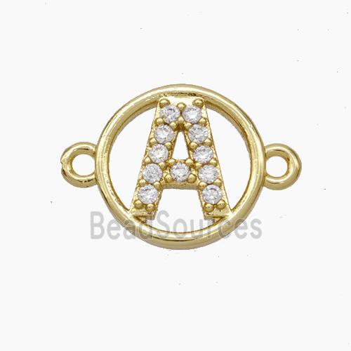 Copper Letter-A Connector Pave Zirconia Circle Gold Plated