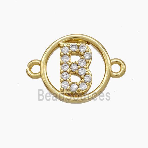 Copper Letter-B Connector Pave Zirconia Circle Gold Plated