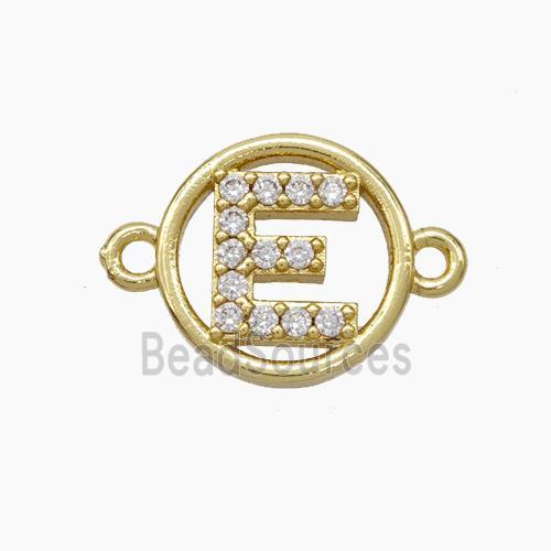 Copper Letter-E Connector Pave Zirconia Circle Gold Plated