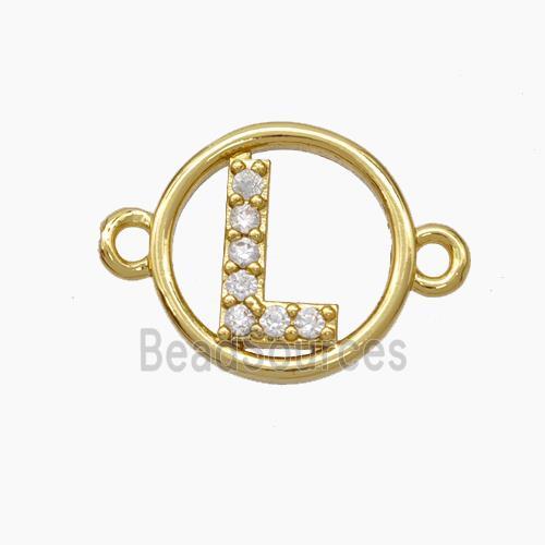 Copper Letter-L Connector Pave Zirconia Circle Gold Plated