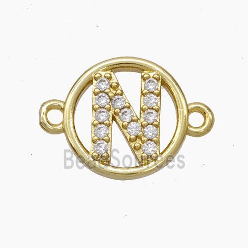Copper Letter-N Connector Pave Zirconia Circle Gold Plated