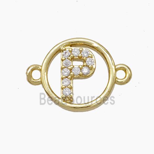 Copper Letter-P Connector Pave Zirconia Circle Gold Plated