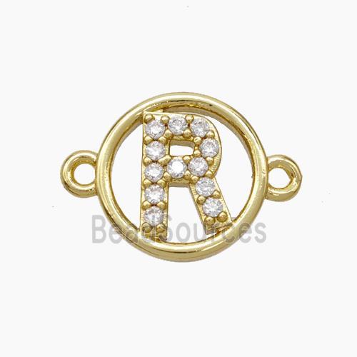 Copper Letter-R Connector Pave Zirconia Circle Gold Plated