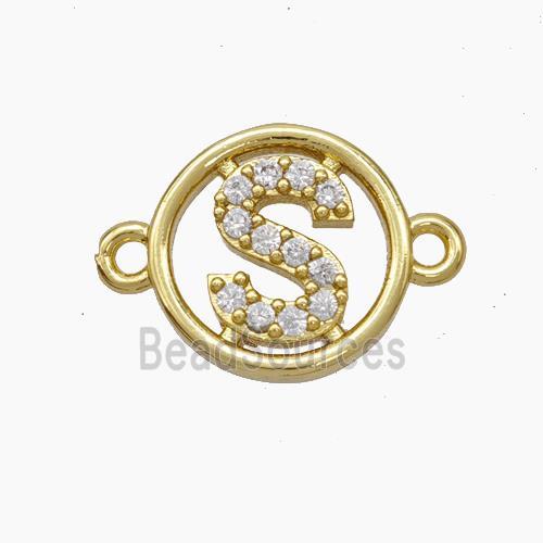 Copper Letter-S Connector Pave Zirconia Circle Gold Plated
