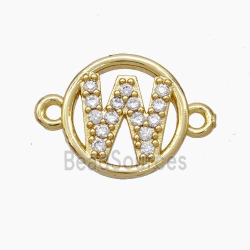 Copper Letter-W Connector Pave Zirconia Circle Gold Plated