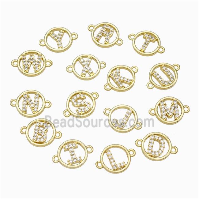 Copper Alphabet Connector Pave Zirconia Mix Letters Circle Gold Plated