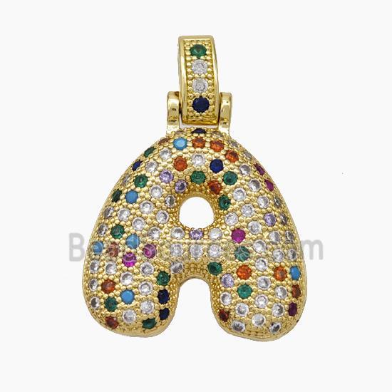 Copper Letter-A Pendant Micropave Multicolor Zirconia Gold Plated