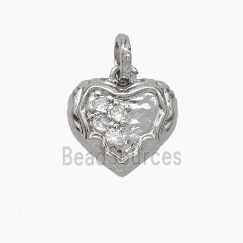 Copper Heart Pendant Micropave Zirconia Hammered Platinum Plated