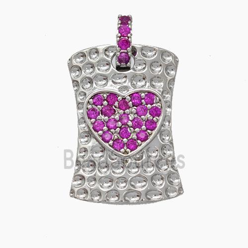 Copper Heart Pendant Pave Zirconia Rectangle Hammered Platinum Plated