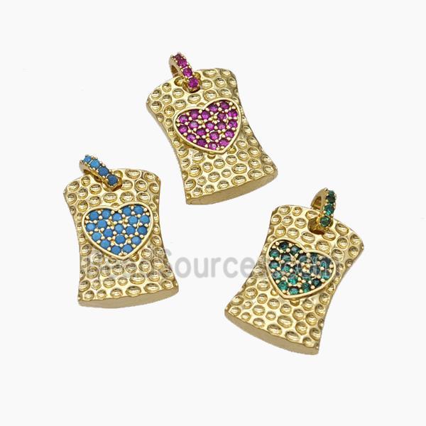 Copper Heart Pendant Pave Zirconia Rectangle Hammered Gold Plated Mixed
