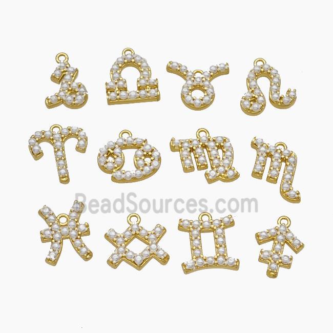 Copper Pendant Pave Pearlized Resin Zodiac Symbols Gold Plated Mixed