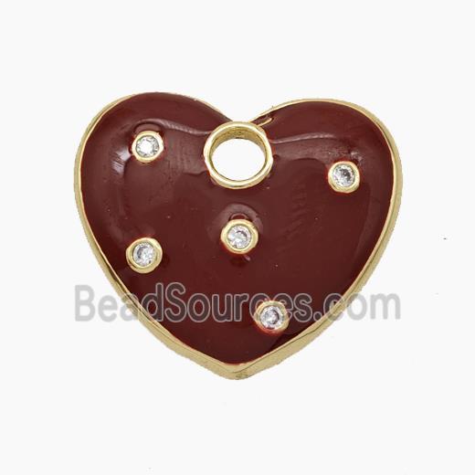 Copper Heart Pendant Pave Zirconia DarkRed Enamel Gold Plated