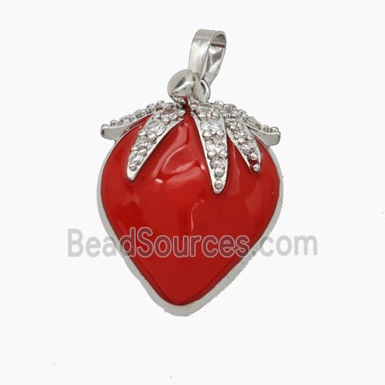 Copper Starwberry Charms Pendant Pave Zirconia Red Enamel Platinum Plated