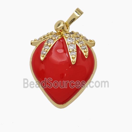 Copper Starwberry Charms Pendant Pave Zirconia Red Enamel Gold Plated