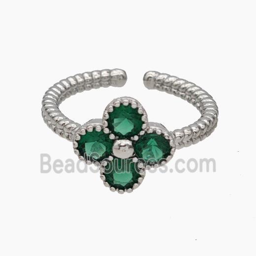 Copper Clover Rings Pave Green Zirconia Platinum Plated