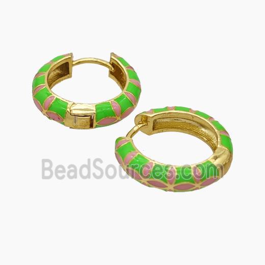 Copper Hoop Earrings Green Enamel Gold Plated