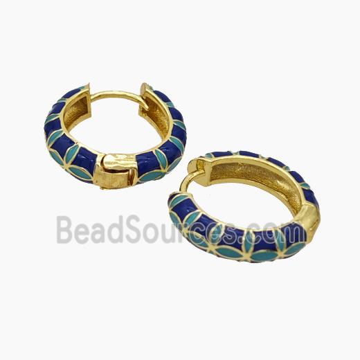 Copper Hoop Earrings Blue Enamel Gold Plated