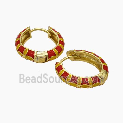 Copper Hoop Earrings Red Enamel Gold Plated
