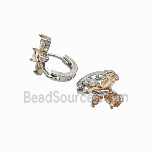 Copper Butterfly Hoop Earrings Pave Champagne Zirconia Platinum Plated