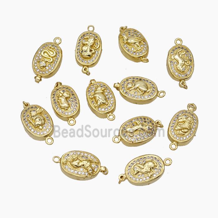 Copper Connector Pave Zirconia Chinese Zodiac Gold Plated Mixed