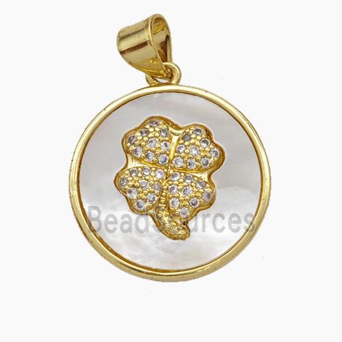 Copper Clover Pendant Pave Zirconia Shell Circle 18K Gold Plated