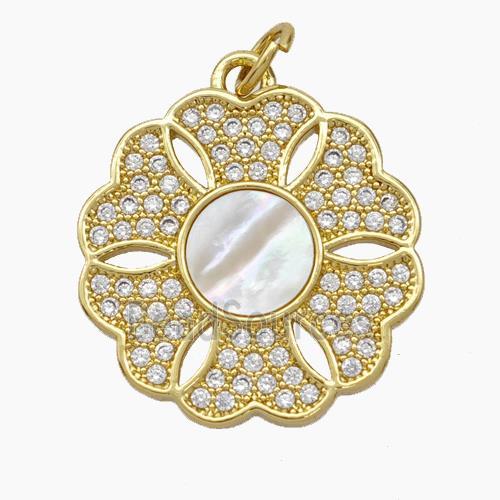 Copper Flower Pendant Micropave Zirconia Shell 18K Gold Plated