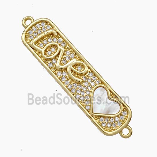 Copper Love Heart Connector Micropave Zirconia Shell Stick 18K Gold Plated